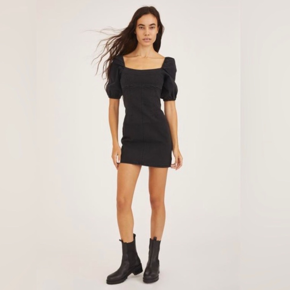Black Denim Puff Sleeve Mini Dresss